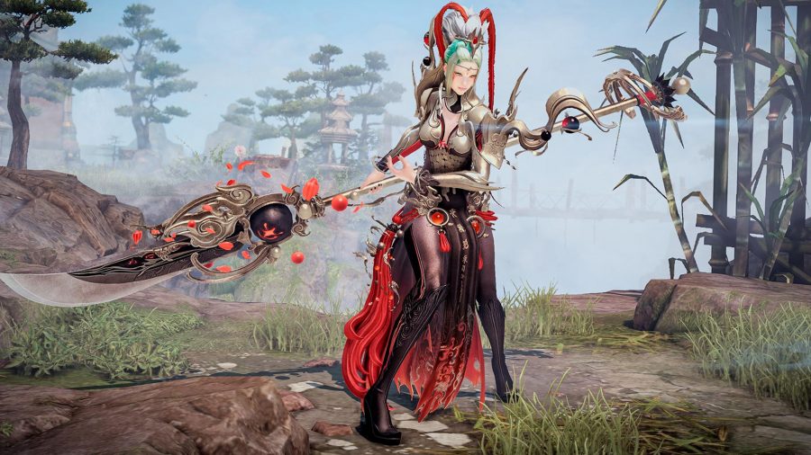 Lost Ark Glaivier Build Best: A female Glaivier wielding a large polearm on her back