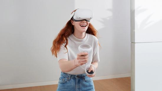 Someone smiling as they use the Meta Quest 2 VR headset