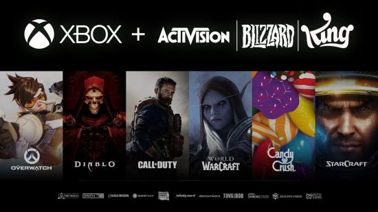 The official header image for the Microsoft Activision deal, containing recognisable faces from across Activision Blizzard's franchises
