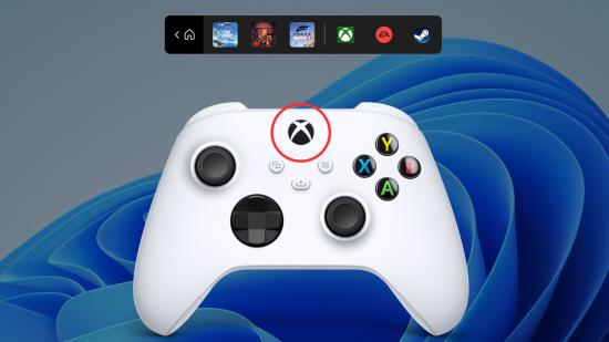 A Windows 11 logo acts as the backdrop for the controller bar feature, with an Xbox controller sat at the bottom