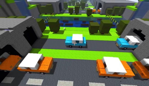 Orange and blue cars travel along streets laid out in Crossy Road fashion in a Minecraft build by YouTuber Mysticat.