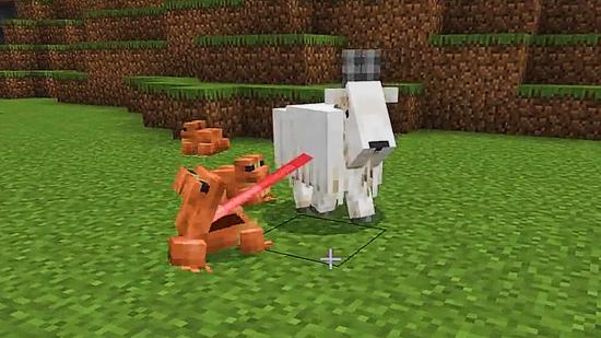 A Minecraft frog eats a goat.