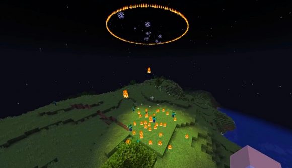 Flaming arrows emerge from a fire-rimmed portal in the night sky, piercing zombies wandering around on the ground in Minecraft