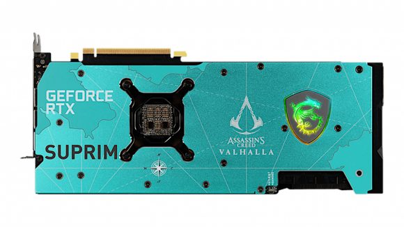 The backplate of the MSI Suprim X RTX 3080 Assassin's Creed Valhalla special edition