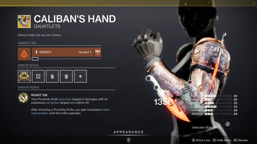 The new Destiny 2 Season 17 Exotic, Caliban's Hand, in the Guardian's invetory screen