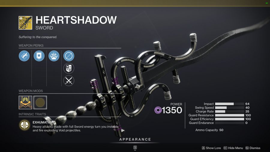 The new Destiny 2 Season 17 Exotic, Heartshadow, in the Guardian's invetory screen with UI