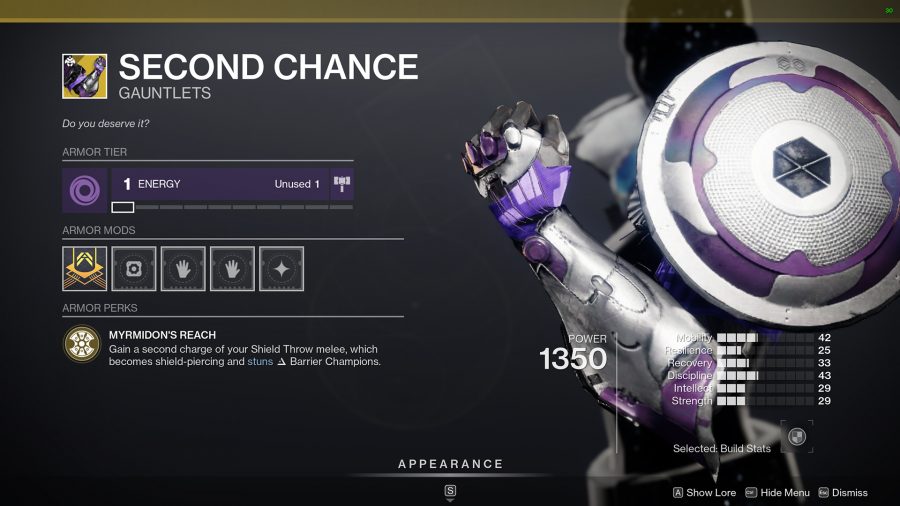 The new Destiny 2 Season 17 Exotic, Second Chance, in the Guardian's invetory screen