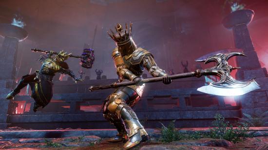 New World PvP arenas: A warrior in gold armour and a crown hefts a massive twin-headed battle axe as his opponent leaps toward him with a gilded purple mace