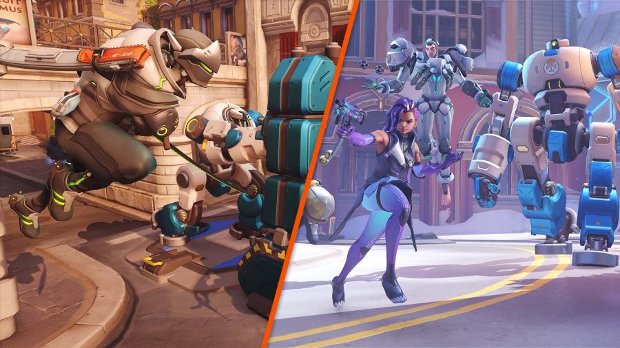 Overwatch 2 roles: A split image showing groups of Overwatch 2 characters posing in action