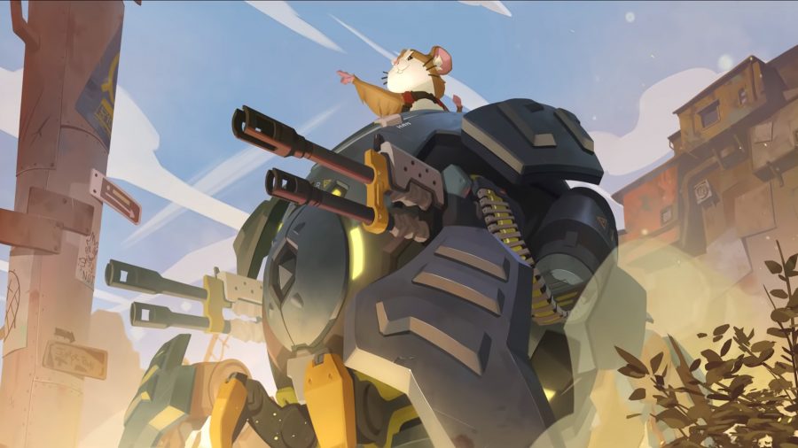 Overwatch 2 roles: bola de demolición del personaje del tanque, un hámster, se para sobre su robot gigante