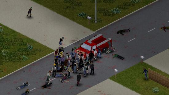 A horde of zombies attacks a fire truck on a blood-covered road in Project Zomboid