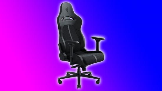 Razer Enki gaming chair on blue and pink backdrop
