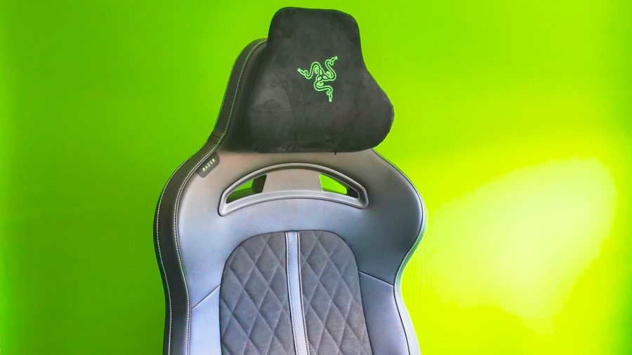 Razer Enki pro gaming chair cushion on green backdrop