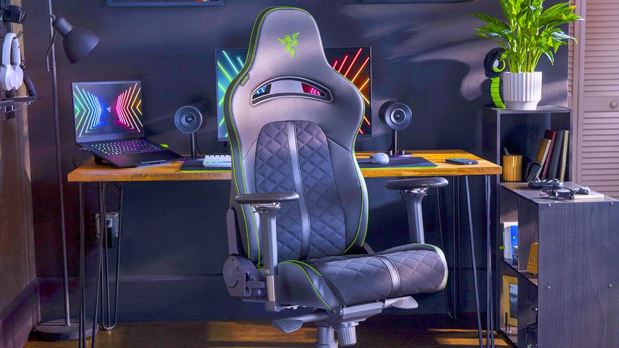 Razer Enki Pro gaming chair with desk and laptop in backdrop