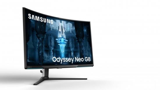 The Samsung Odyssey Neo G8 4k gaming monitor on a white background.
