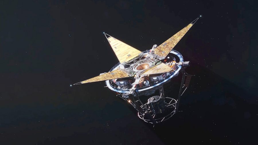 A space station with five triangular blades sticking out hangs in space in Starfield