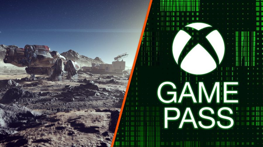 A split image showing a ship landing on a rocky planet, and the xbox game pass logo