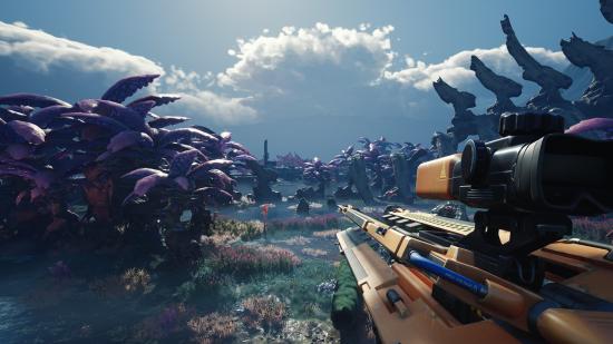 The Cycle: Frontier release date: A sniper rifle aims into a beautiful alien meadow that is lit by a bright sun. Many different exotic plants with large purple leaves reflect the sunlight.