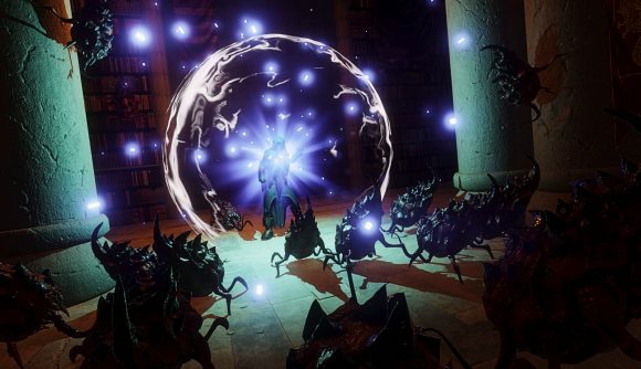 The Wayward Realms open-world RPG: enemies flock to a being who is covered in a purple bubble