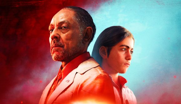 Ubisoft earnings 2022: Giancarlo Esposito as Antón Castillo poses next to Anthony Gonzalez as Diego Castillo, both uplit by a violent orange sunset