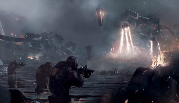 A piece of concept art for an FPS game set in the Eve Online universe shows three soldiers advancing through waist-deep water toward a landing spacecraft.