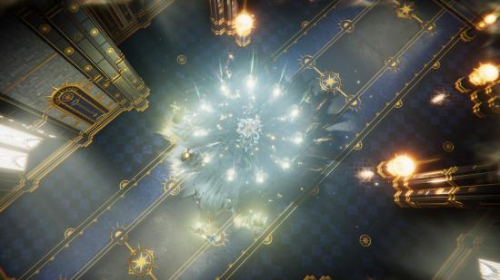 V Rising offline play will be available later this week, letting players wield powerful magic as shown in this elegant castle hallway where a fountain of energy is erupting from the blue-tiled floor.