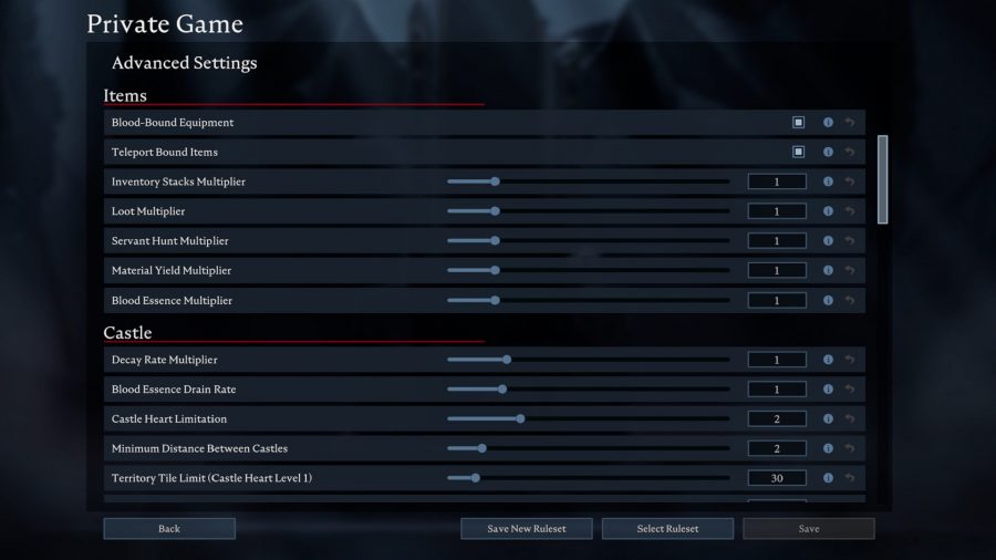 A list of some of the V Rising server settings available in game