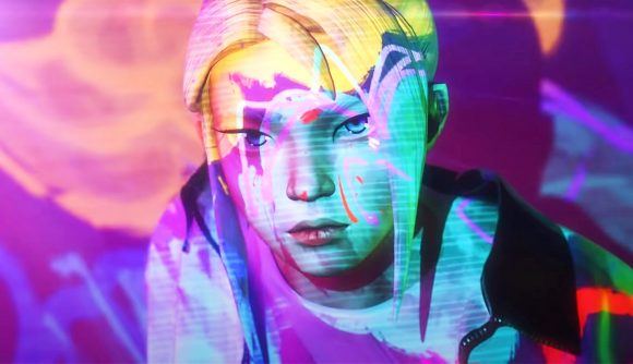 Valorant new classes: Jett stares at the camera while neon lights shine across her face