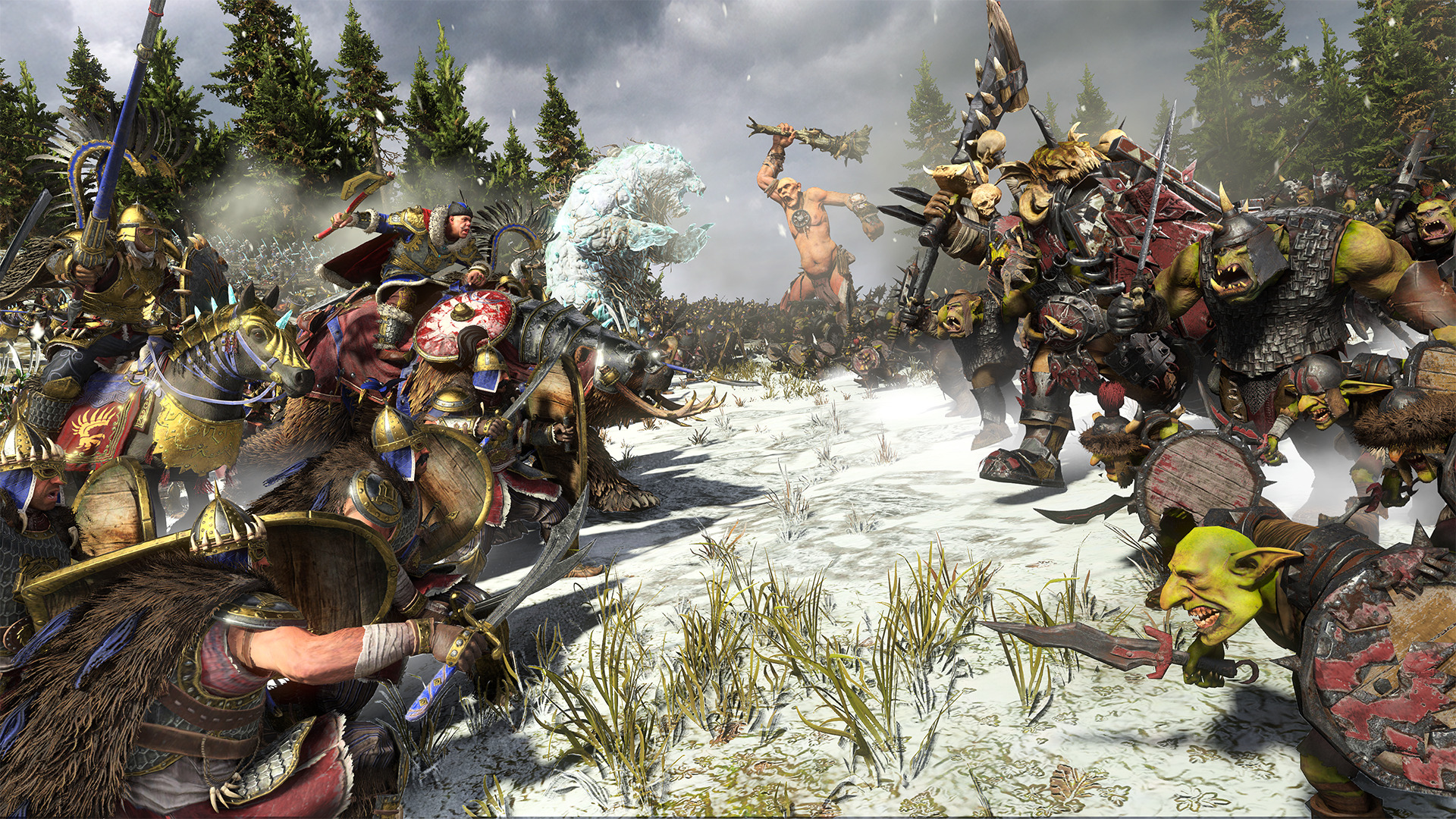 Warhammer 3 Immortal Empires: two armies clash on a snowy field