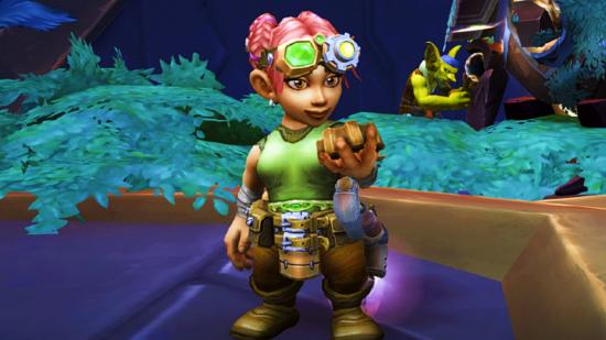 WoW Shadowlands update 9.2.5: a pink-haired Gnome mechanic examines a handheld device