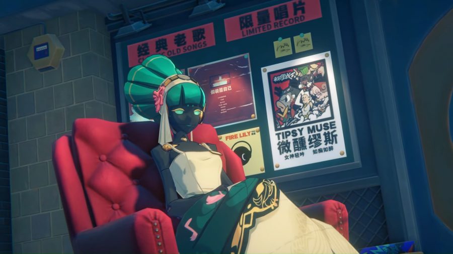 A potential Zenless Zone Zero character, a robot lady with green hair lounges on a chair