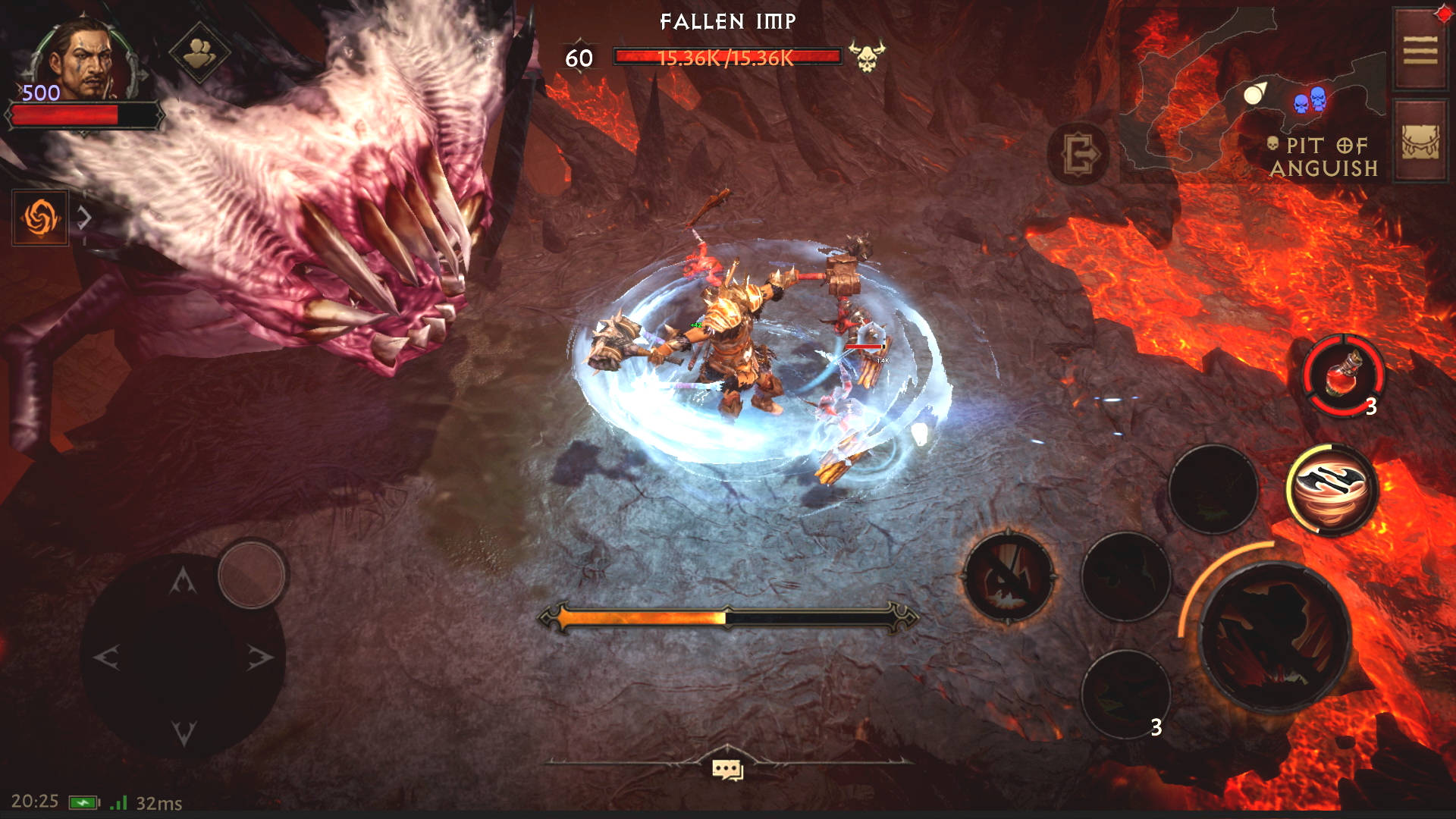 Best Diablo Immortal items: a Barbarian spinning around with his hammers in hand, smacking some imps while a demon bares its teeth.