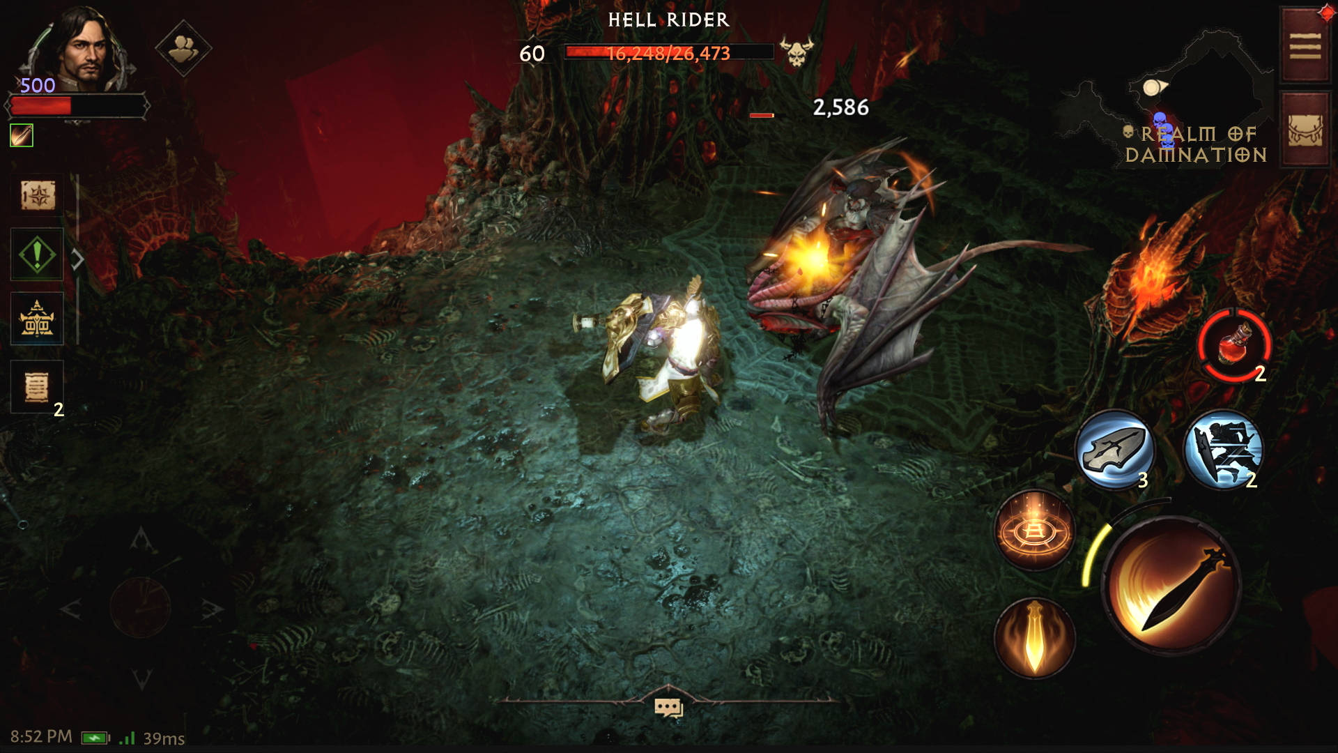 Best Diablo Immortal items: a Crusader slashing a demon in an area covered in bones.