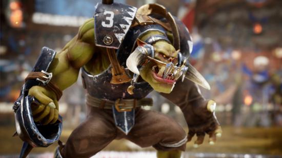 Blood Bowl 3 system requirements: A Black Orc from the Warhammer game squares up to rivals