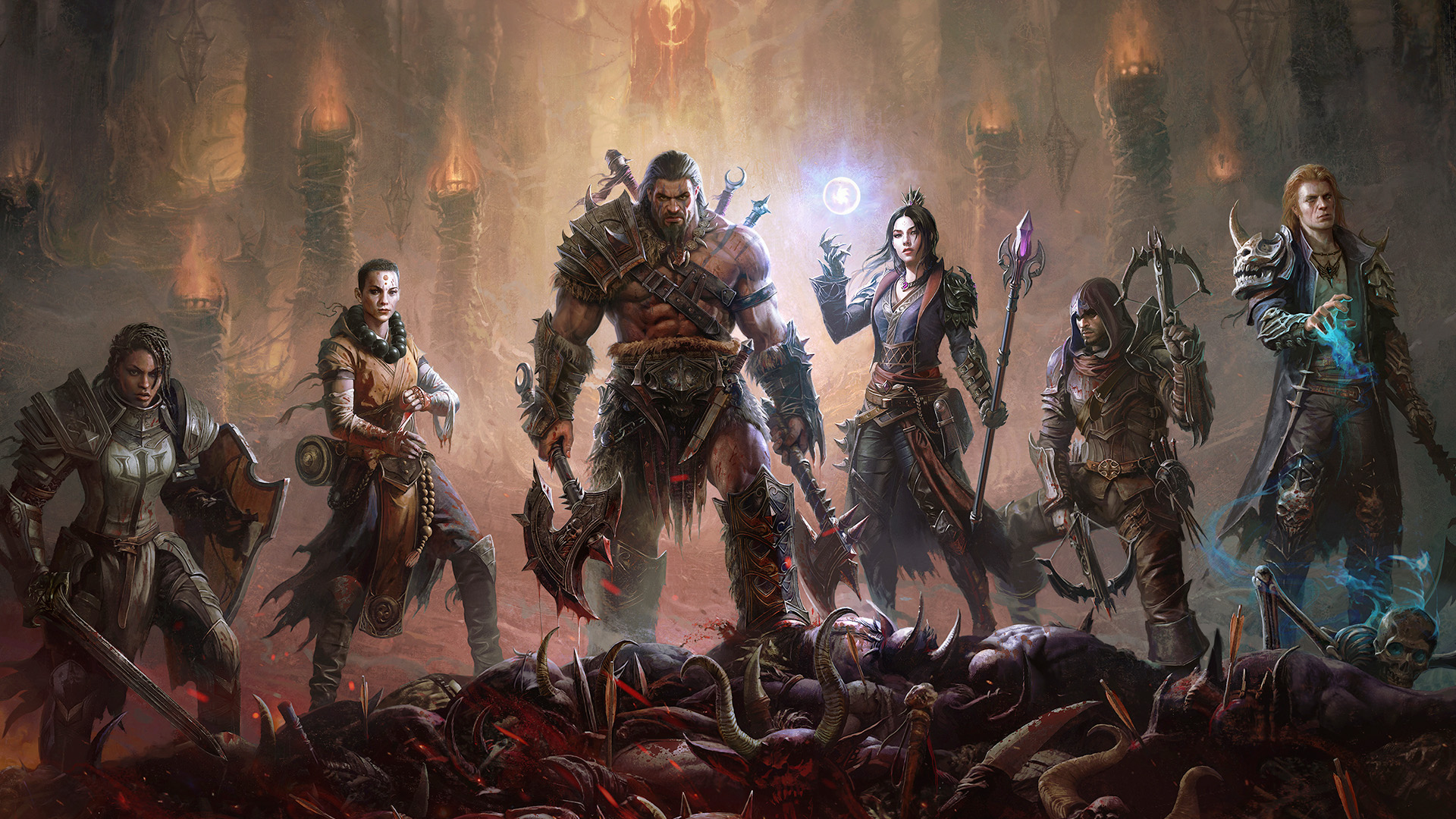 Diablo Immortal Shadows: un grupo de guerreros se mantiene triunfante sobre una pila de cadáveres de demonios