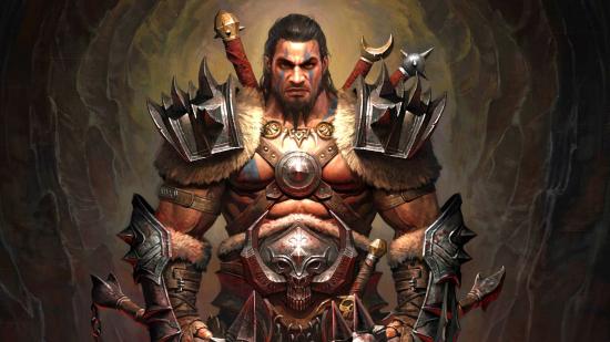 Diablo Immortal Barbarian build: a Barbarian holding two axes.