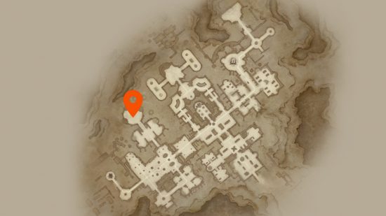 Diablo Immortal Hydra และ Golem Location: แผนที่ของห้องสมุดของ Zoltun Kulle ด้วยพินสีส้มทำเครื่องหมาย Fleshcraft Hydra