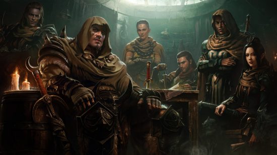 Diablo Immortal Shadows: un grupo de guerreros se recogen alrededor de una mesa, mirando la cámara