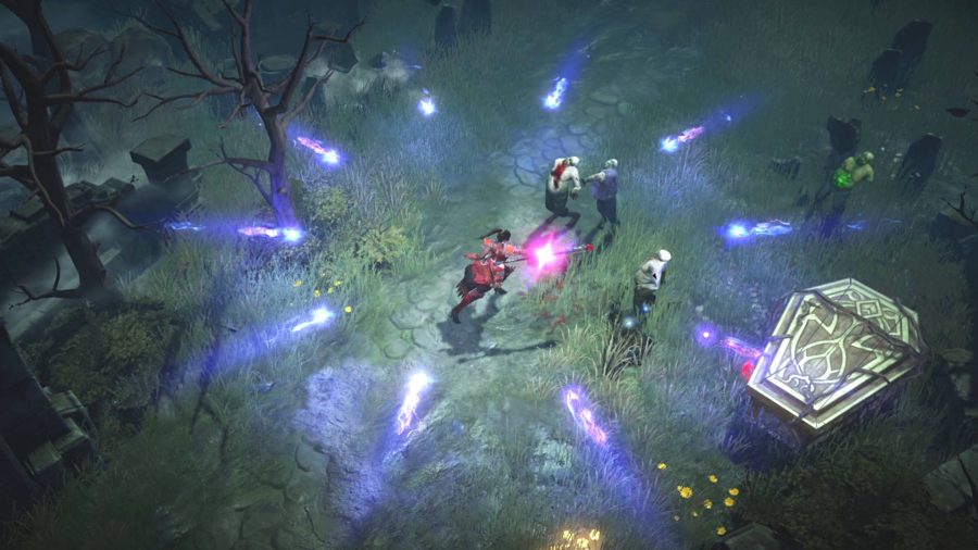 Best Diablo Immortal wizard build: the wizard is casting lightning nova which sends electric balls out a short distance before returning. Several zombies are approaching the wizard.