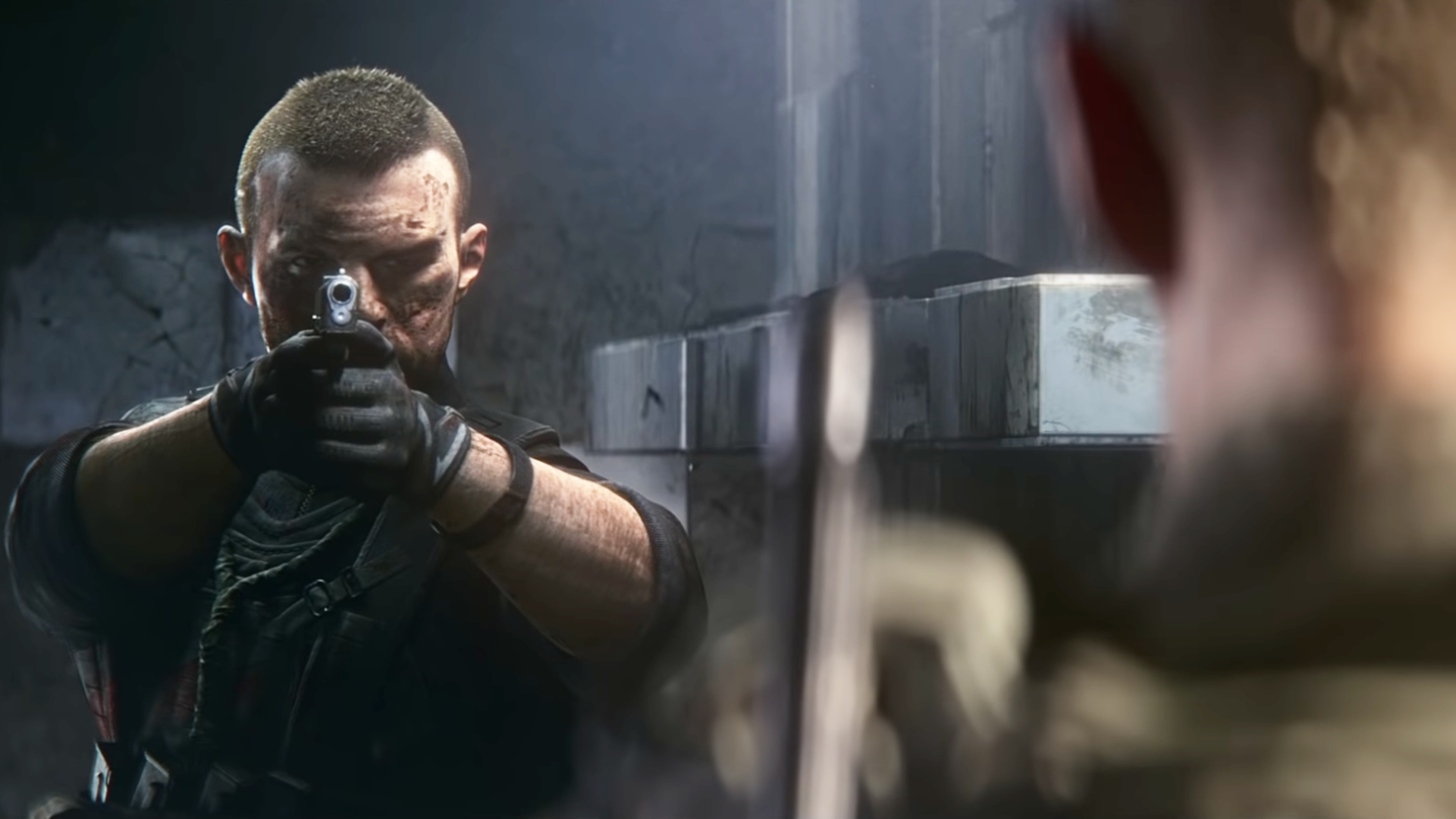 An Escape From Tarkov character points a gun at a soldier in a cinematic