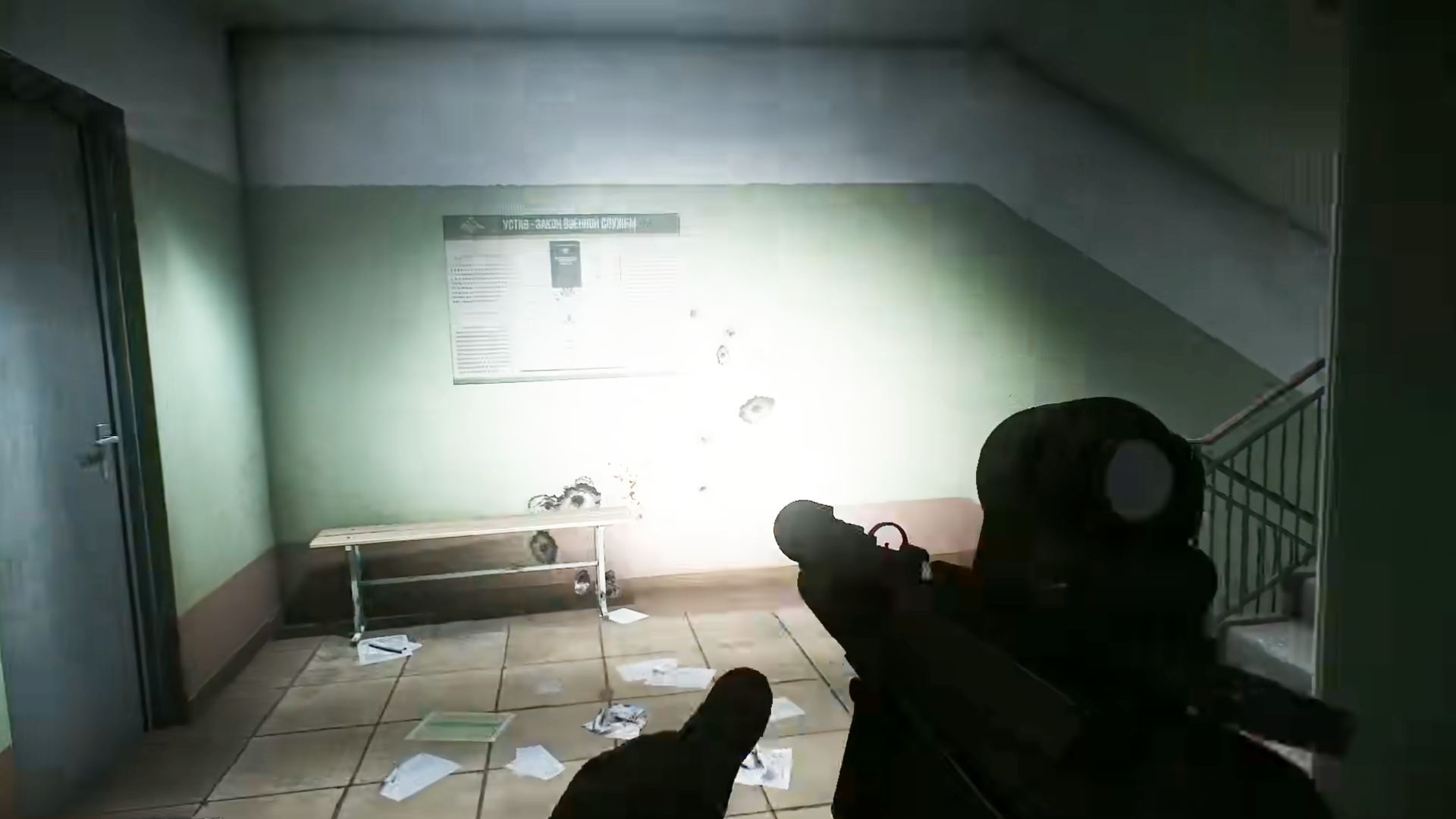 Escape From Tarkov player runs through a dark hospital with a flashlight on