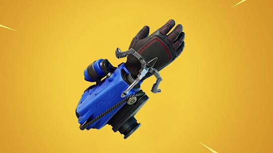 Fortnite Grapple Glove locations: a glove and armband attachment with a small crossbow and a winch on a yellow background.