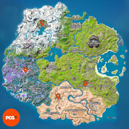 Fortnite reality seeds: an updated map showing the new locations for the reality seeds with orange pins.