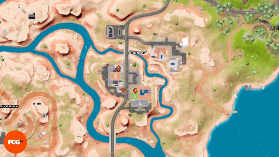 Fortnite Tover Token Locations – Three orange pins showing Tover Token locations in Condo Canyon.