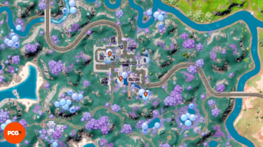 Fortnite Tover Token Locations – Three orange pins showing Tover Token locations in Greasy Grove.