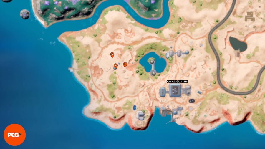 Fortnite Tover Token Locations – Three orange pins showing Tover Token locations near Synapse Station.