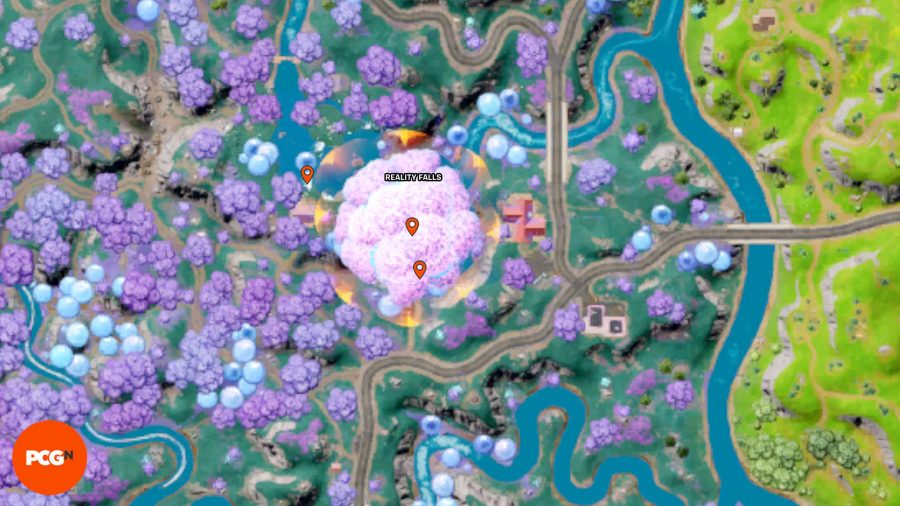 Fortnite Tover Token Locations – Three orange pins showing Tover Token locations in Reality Falls.