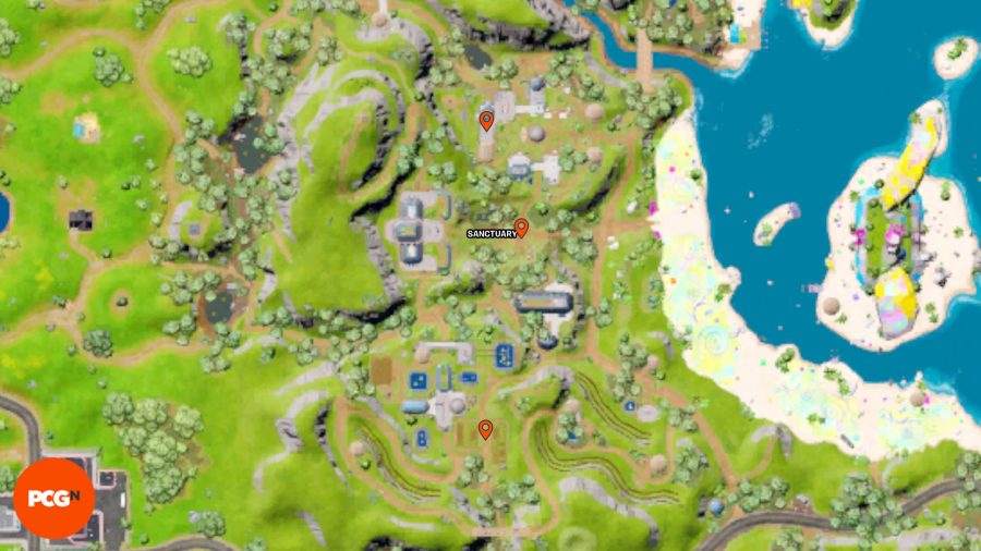 Fortnite Tover Token Locations – Three orange pins showing Tover Token locations in Sanctuary.