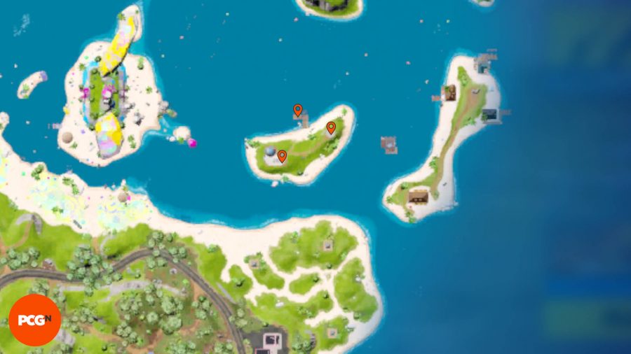 Fortnite Tover Token Locations – Three orange pins showing the Tover Token locations on the island north of The Joneses.