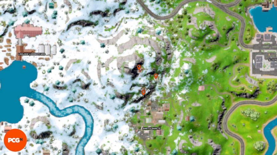 Fortnite Tover Token Locations – Three orange pins showing the Tover Token locations on the mountain north of Shifty Shafts.